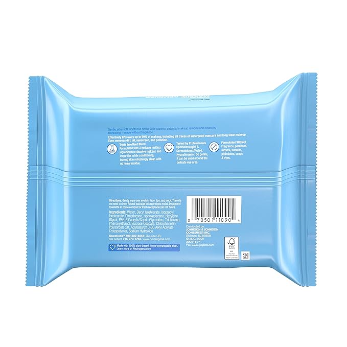 Neutrogena Fragrance-Free Makeup Remover Wipes, Daily Facial Cleanser Towelettes, Gently Removes Oil & Makeup, Alcohol-Free Makeup Wipes, 25 ct-BrightBean Baby