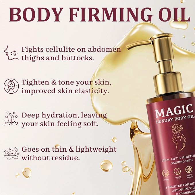 Magic Body Firming Oil, Luxury Body Oil for Crepe Skin, Tightening & Hydrating Body Oil After Shower with Vitamin E and Rosehip, Non-Greasy Body Serum Oil for Thighs, Arms, Chest, 100ML / 3.38 Fl Oz-BrightBean Baby