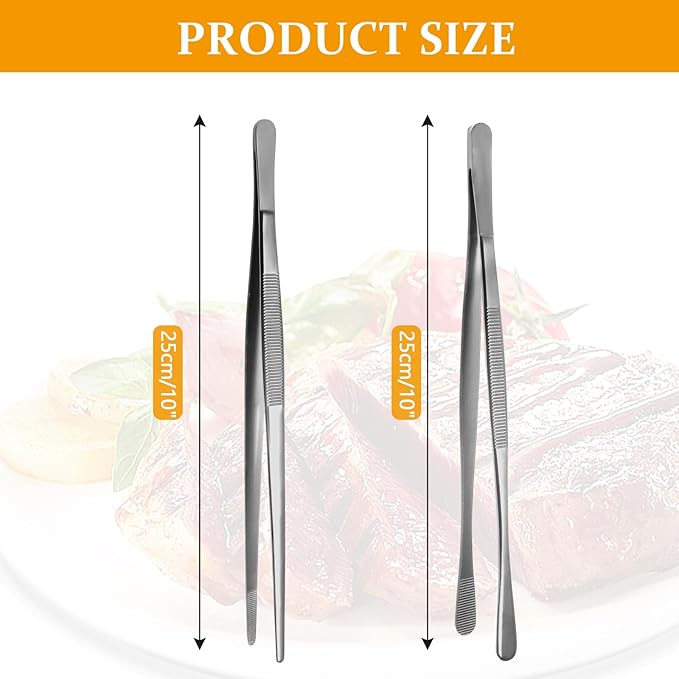 Litoexpe 2 PCS 10 Inches Fine Tweezer Tongs, Stainless Steel Cooking Tongs for BBQ Sea Food Repairing Serving, Silver