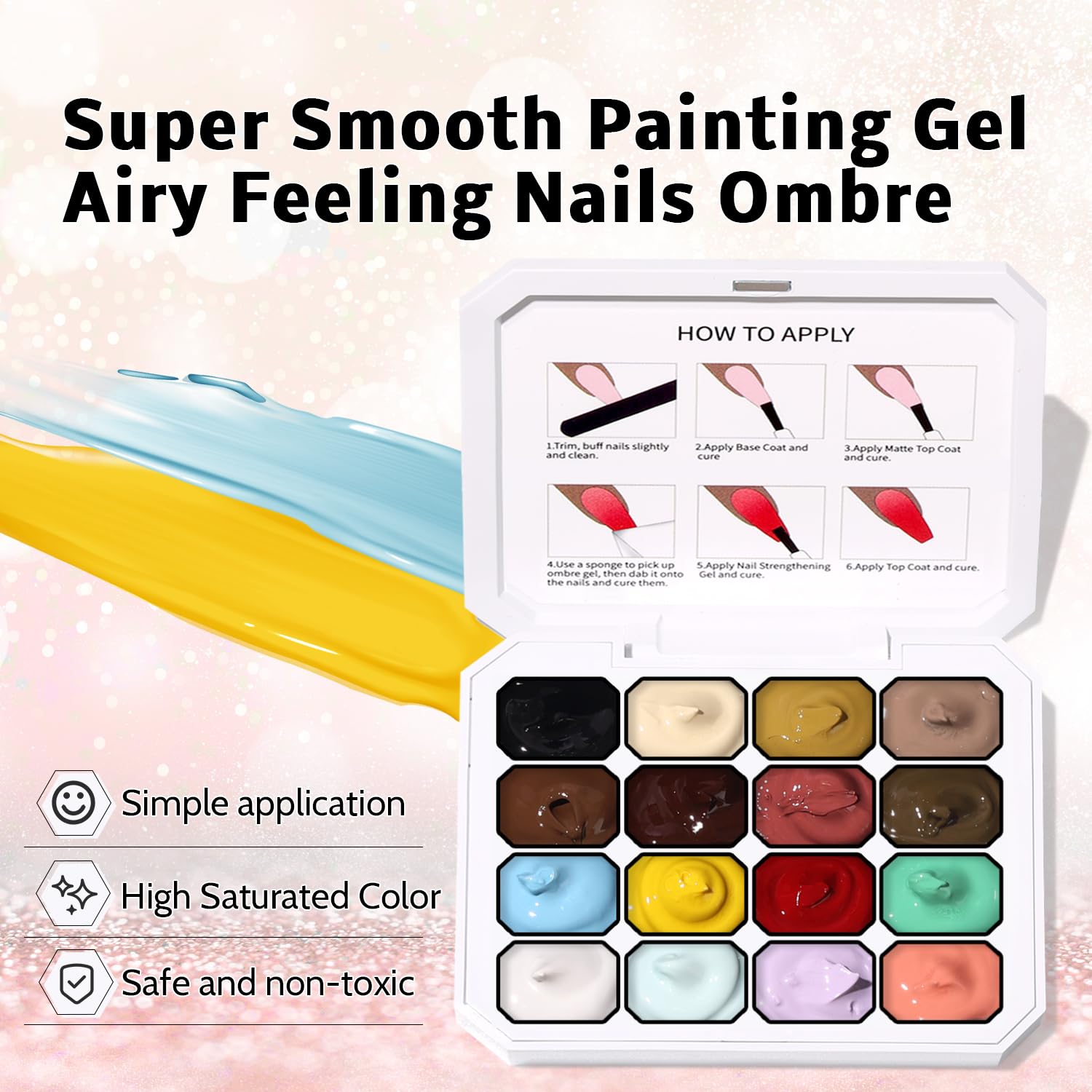 Sponge Pat Paint Nail Gel, Ombre Nails Gradient Gel Nail Blush Blooming Aura Nails Drawing Stripper Floral Painting DIY Nail Art, No Wipe, UV/LED Curing (16 Colors A)-BrightBean Baby