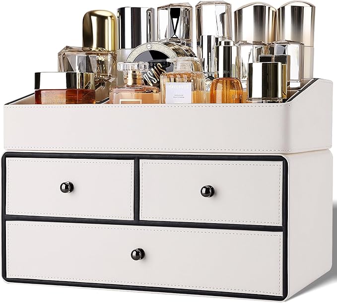 GORESE Leather Makeup Organizer with Drawers for Vanity, Stackable Skincare Holder Dresser Organizer Countertop, Make Up Storage Organizers Counter Cosmetic Display Case Gifts for Women(Cream White)-BrightBean Baby