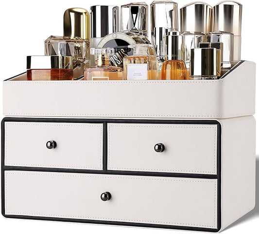 GORESE Leather Makeup Organizer with Drawers for Vanity, Stackable Skincare Holder Dresser Organizer Countertop, Make Up Storage Organizers Counter Cosmetic Display Case Gifts for Women(Cream White)-BrightBean Baby