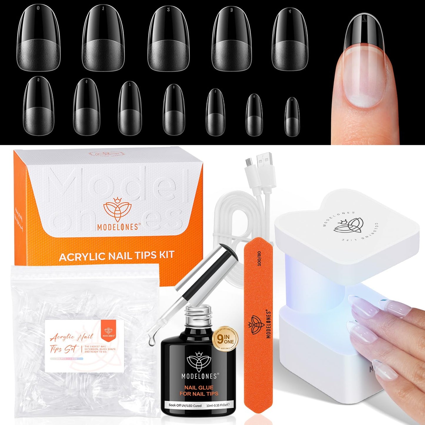modelones Medium Oval Gel Nail Tips Kit, 9-in-One Nail Glue with Portable U V Lamp 216Pcs 12Sizes Pre-Etched Round Press ons Fake Acrylic Extension Kit DIY Salon Gift for Women-BrightBean Baby