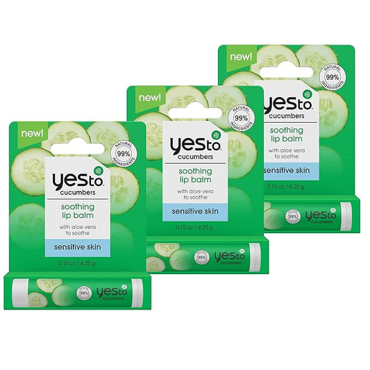 Yes To Cucumber Soothing Lip Balm, Hydrating Non-Sticky Salve That Calms Dry Cracked Lips, Locks In Moisture & Glides On Smoothly, With Aloe Vera & Castor Oil, Natural & Cruelty Free, 0.15 Oz, 3-Pack-BrightBean Baby