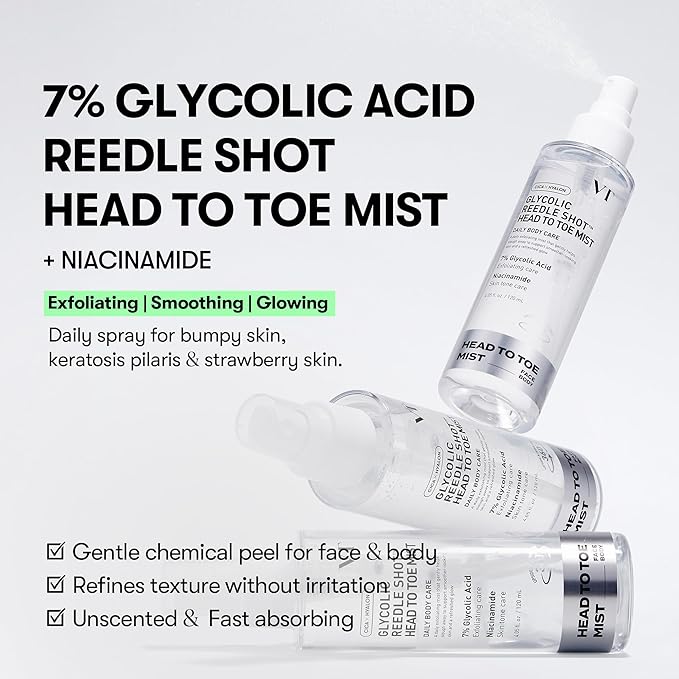 VT COSMETICS 7% Glycolic Acid Reedle Shot Head-to-Toe Mist with Niacinamide, Exfoliating Spray for Bumpy & Strawberry Skin, Dark Spots, Skin Texture, Keratosis Pilaris, Korean Skincare (4.05 fl oz)-BrightBean Baby