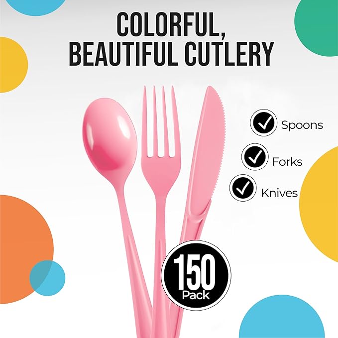 Party Solids Pink Plastic Silverware Heavy Duty 150 Pieces Pink Plastic Cutlery Sets, Utensil Sets, 50 Of Each Forks, Knives & Spoons Disposable Cutlery Set, Flatware Set For Party Supplies