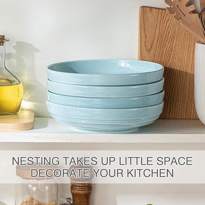 HAPPY KIT Stoneware Pasta Bowl Set of 4, 9'' Large Salad Bowls,42 Oz, Reactive Glaze Serving Bowls, Microwave Dishwasher Safe, Ocean Current Blue