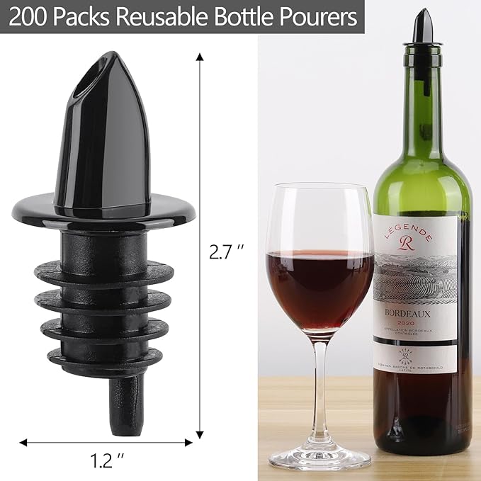 200 Pack Bottle Pourers Wine Pourers Plastic Liquor Free Flow Pourers Spout Pourer Black for Kitchen Olive Oil Mixed Drinks, 2.7 * 1.2 Inch