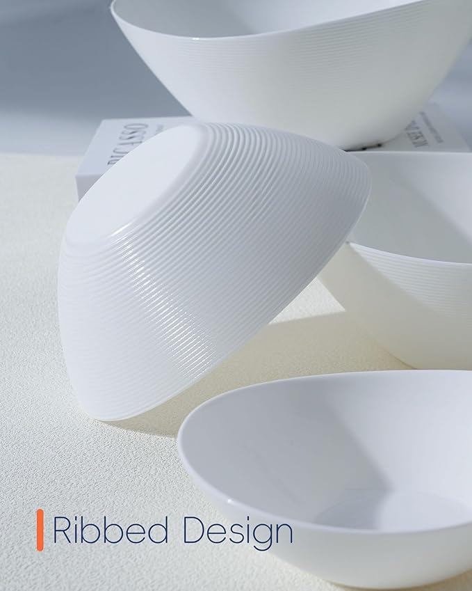 66 OZ Salad Bowl Set of 2, Opal Glass 10 inch Lightweight Serving Dishes for Salad, Fruit, Kitchen Microwave & Dishwasher Safe, Oval Shape White