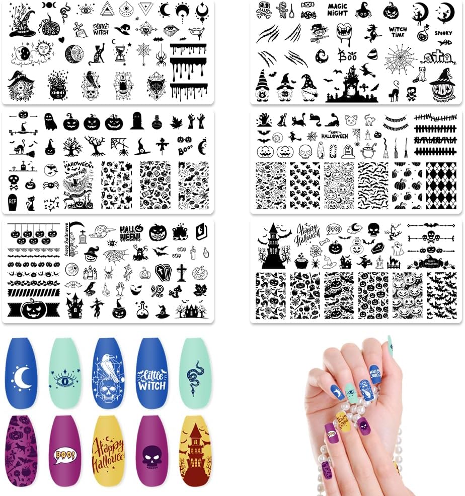ALIBBON 6 Pcs Halloween Nail Stamping Plates Set, Ghost Pumpkin Background Nail Art Stamp Templates, Cat Spider Web Stamp Templates Kit, Castle Grave Metal Nail Plates for DIY Printing Decor-BrightBean Baby