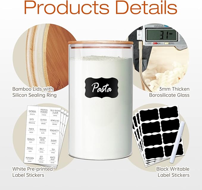 Glass Jars with Bamboo Lids 79 FL OZ [Set of 3], Glass Canisters with Airtight Lids, Glass Food Storage Containers for Spaghetti, Fettuccine, Linguine,Pasta, Best for Kitchen & Pantry