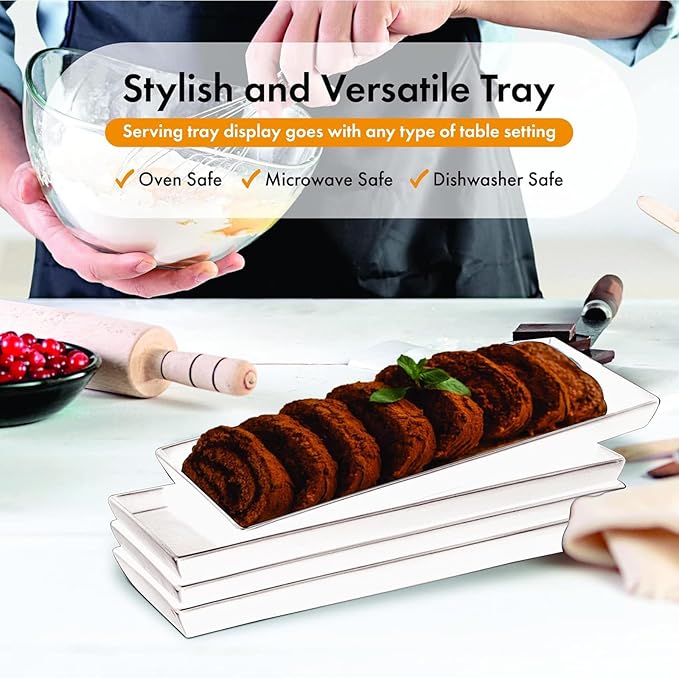 Set of 4 Rectangular Serving Plastic Platters 14 x 6 Inches Versatile Dishes for Entertaining, Perfect for Appetizers, Desserts, Cheese Boards, Charcuterie, and Sushi (White)