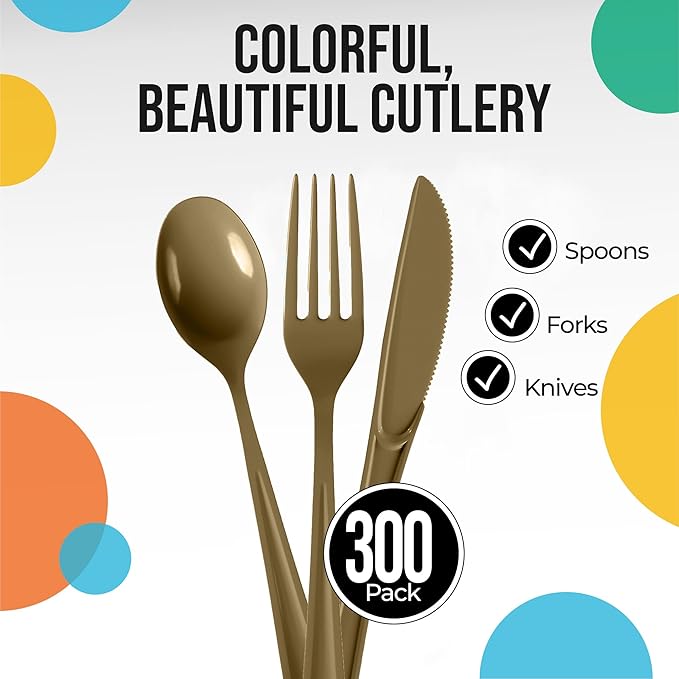 Party Solids Gold Plastic Silverware Heavy Duty 300 Pieces Gold Plastic Cutlery Sets, Utensil Sets, 100 Of Each Forks, Knives & Spoons Disposable Cutlery Set, Flatware Set For Party Supplies