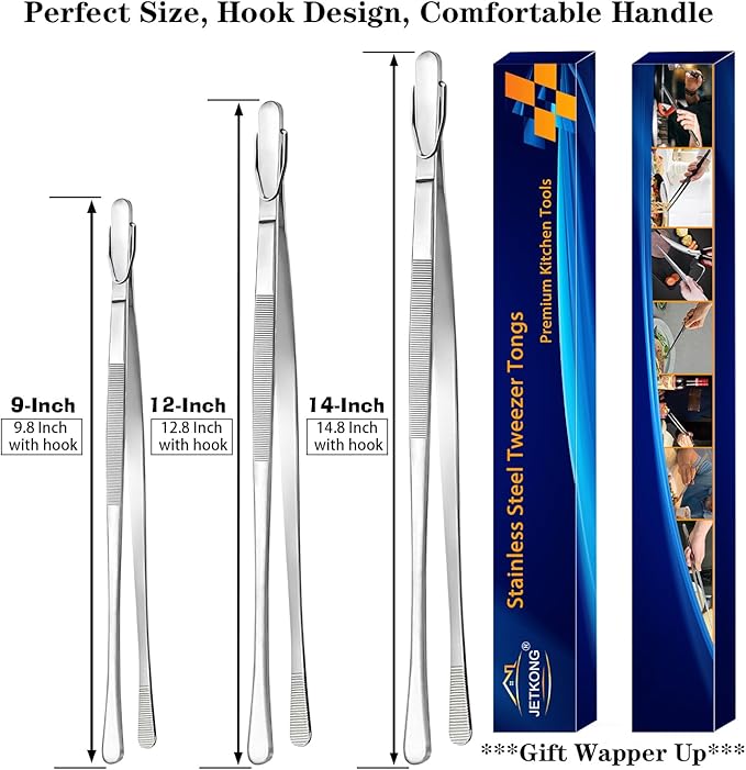 JETKONG 3 Pcs Extra Long Kitchen Tweezers Heavy Duty Stainless Steel Cooking Tweezers (9 12 14 Inch, Silver)