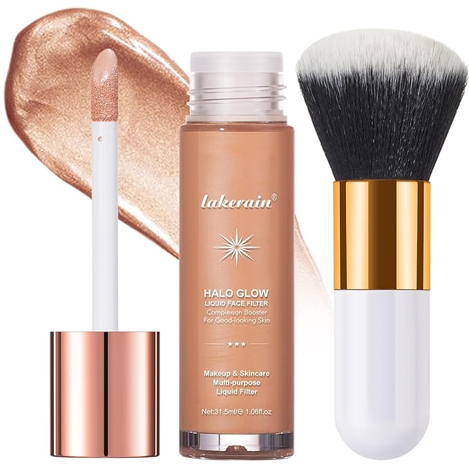 Natural Glow Liquid Filter Makeup, Longwear Face Luminizer, Complexion Booster For Any Part of the Body, Liquid Highlighter with Brush Kit, Infused Hyaluronic Acid, 1.06 fl oz (#04 MEDIUM)-BrightBean Baby