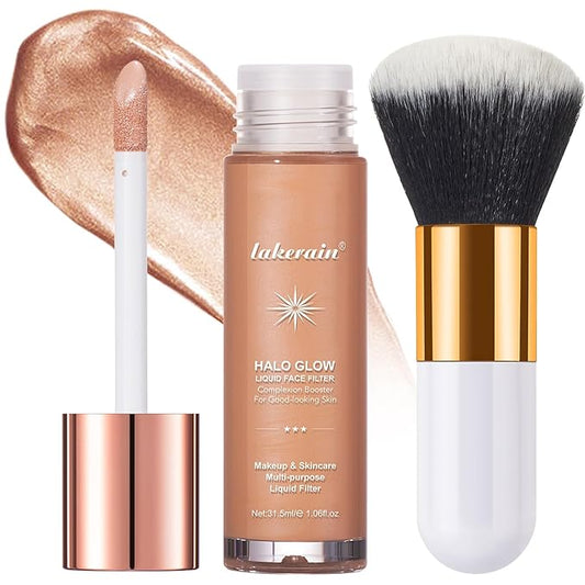 Natural Glow Liquid Filter Makeup, Longwear Face Luminizer, Complexion Booster For Any Part of the Body, Liquid Highlighter with Brush Kit, Infused Hyaluronic Acid, 1.06 fl oz (#04 MEDIUM)-BrightBean Baby