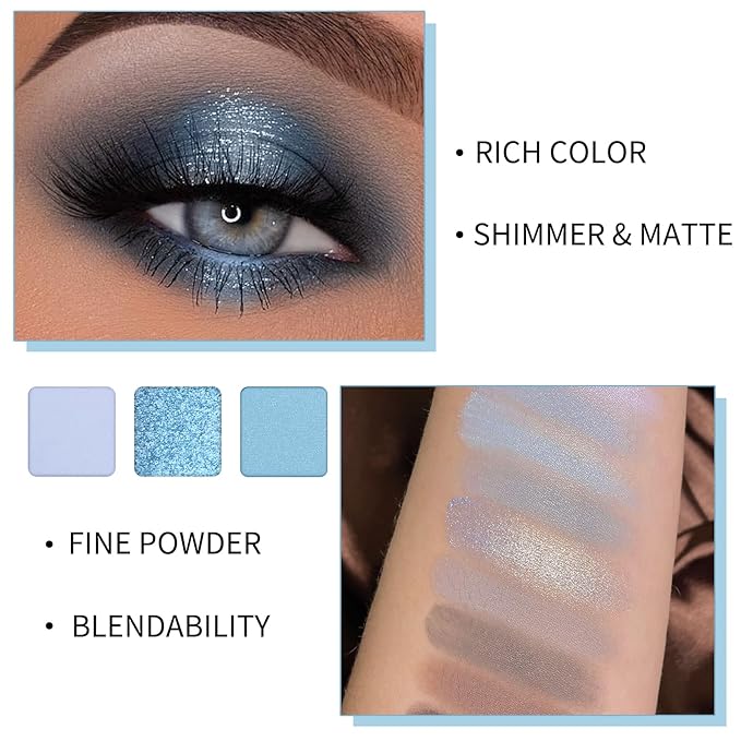 Erinde 9 Colors Eyeshadow Palette, Matte Shimmer Glitter Eye Shadow Palette Makeup, Highly Pigmented Long Lasting Waterproof, Natural Neutral Nude Eyeshadow Make Up Pallet, Blue-BrightBean Baby
