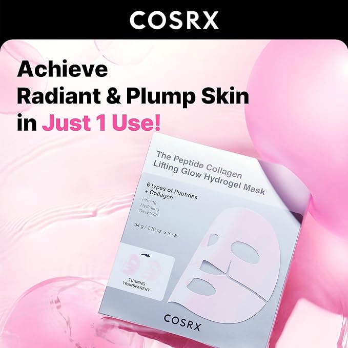 COSRX The Peptide Collagen Lifting Glow Hydrogel Face Masks Skincare 3 EA, Collagen Face Mask, Travel Essentials, Overnight Face Mask, Korean SkinCare-BrightBean Baby