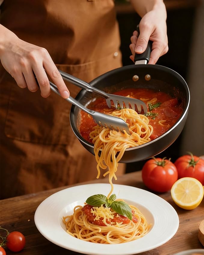 Spaghetti Spoon and Pasta Tong with Grip Teeth and Drain Holes, 2-Piece Large Spaghetti Utensil, Comfortable Grip Design for Cooking, Serving, Salad and Noodles, Stainless Steel