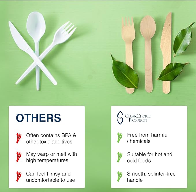 Compostable Cutlery Set - 300 PCS Wooden Utensils [120 Forks, 90 Spoons, 90 Knives] - Eco-Friendly Wooden Disposable Utensils - Compostable Forks and Spoons - Disposable Cutlery Set Party Utensils