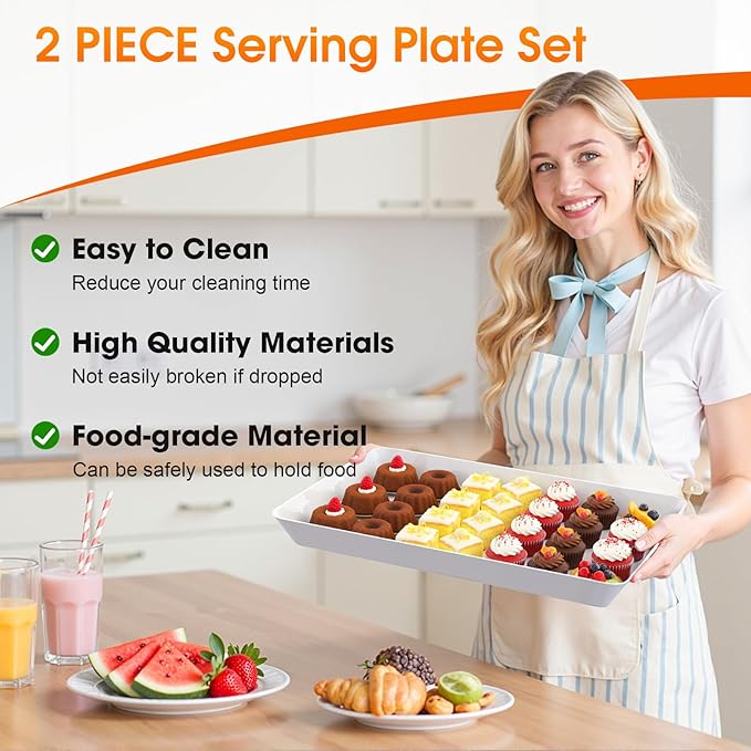 4-Pack Serving Tray, Serving Platter for Parties, Entertaining, Camping & Food Display, Reusable & Stackable Plastic Trays in Kitchen, Rectangular Food Platters for Cookie, Appetizer(White)