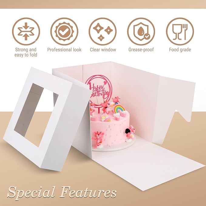 Cakebon Cake Boxes with Boards - 10 Inch Round Cake Drum White (6-pack) - Box With Window for Birthdays, Weddings and Parties