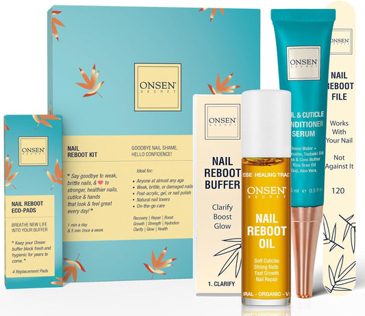 Onsen Secret Complete Nail Reboot Kit w/Nail Reboot Oil 10ml, Nail File 120/180 Grit Double Sided, A 3-Way Nail Buffer Block & Cuticle Serum-15ml w/Cuticle Oil in Action-Super Value Pack-BrightBean Baby