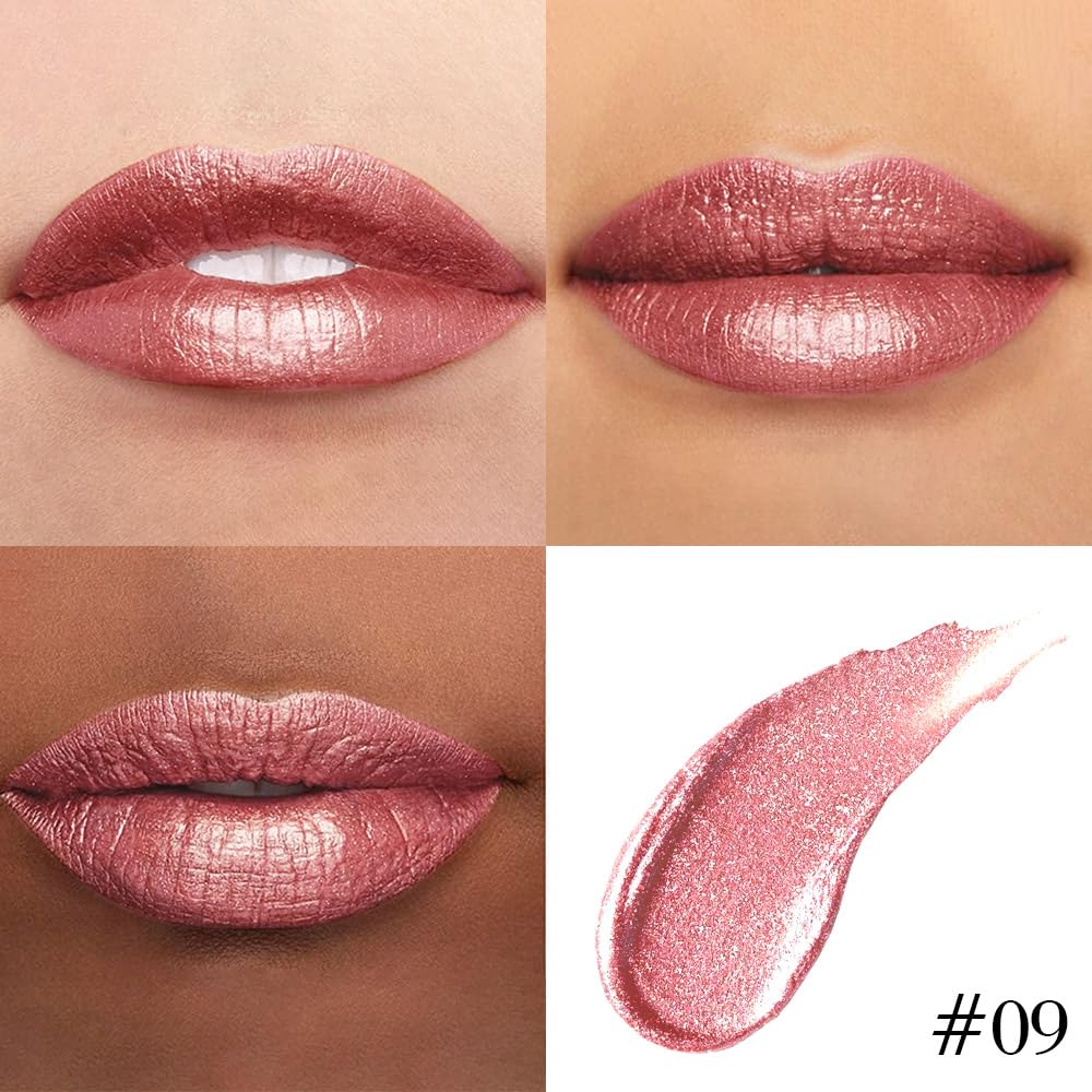 Kaely 2-in-1 Pink Red Metallic Lipstick and Lip Liner, Shimmer Liquid Metallic Lipsticks for Women, Glitter Lip Gloss Stain Long Lasting Waterproof Smudge Proof 24 Hour, Vegan Makeup, 09-BrightBean Baby