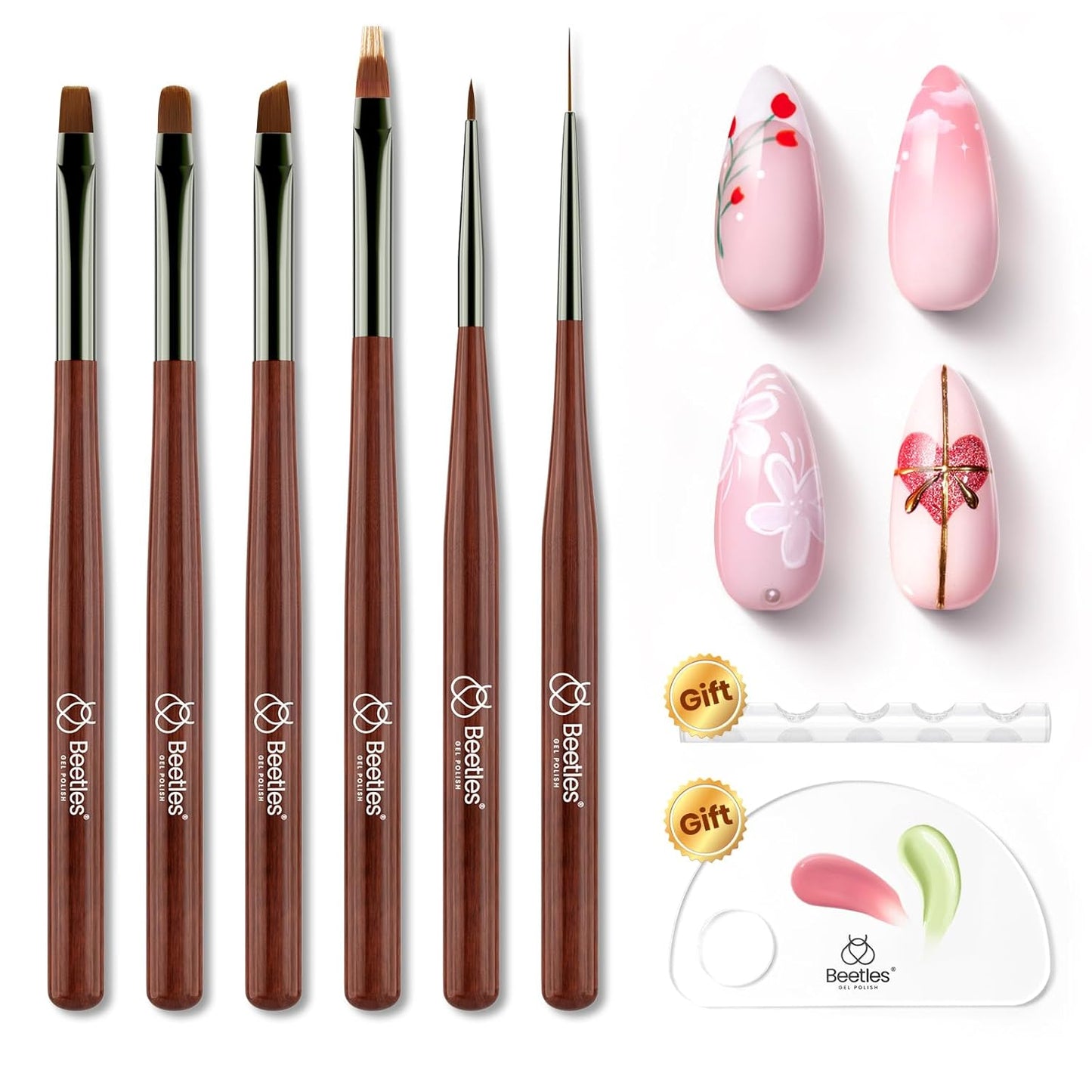 Beetles Nail Art Brushes Set, 6 PCS Multifunctional Nail Brushes for Nail Art Wooden Liner Brush Nail Drawing Pen Nail Art Tools with Nail Brush Holder&Palette for Nail Art Design-BrightBean Baby