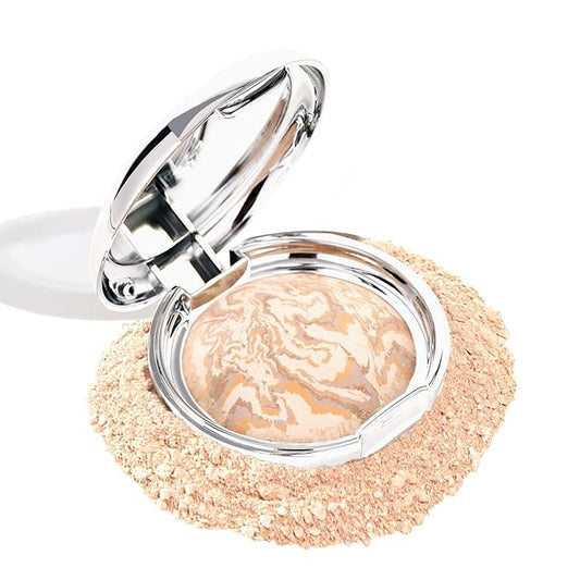 Marbleized Baked Foundation Makeup, Balance and Brighten Color Correcting Powder Foundation - Buildable Light to Medium Coverage - Demi-Matte Natural Finish (#001 FAIR, 0.32 Oz)-BrightBean Baby