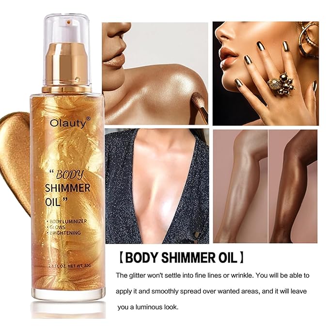Shimmer Body Oil,Face and Body Liquid Luminizer,Waterproof Moisturizing Light Shimmer Glow Illuminator,Smooth Body Shimmer,Liquid Highlighter Makeup ((Gold)-BrightBean Baby