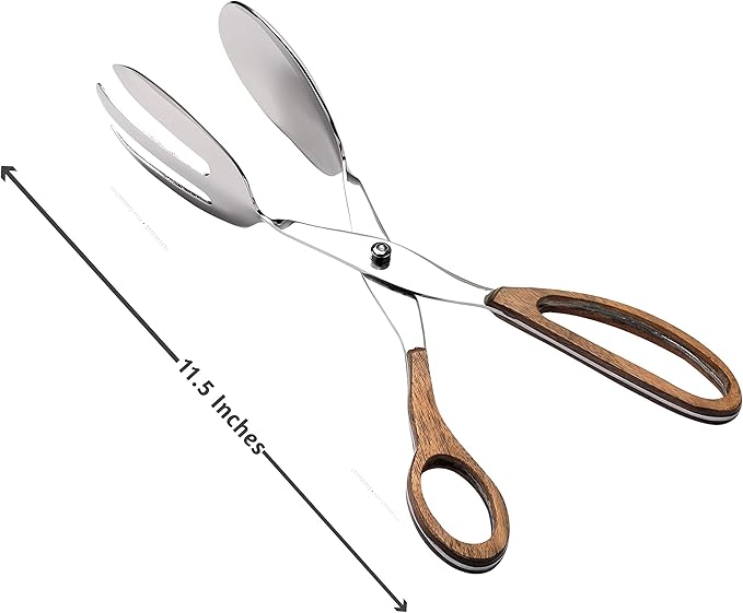 Folkulture Salad Tongs for Cooking | 11.5" Heat Resistant Kitchen Tongs, Salad Server or Metal Serving Utensil | Stainless Steel Cooking Accessory for Home, Buffet & BBQ | Wooden