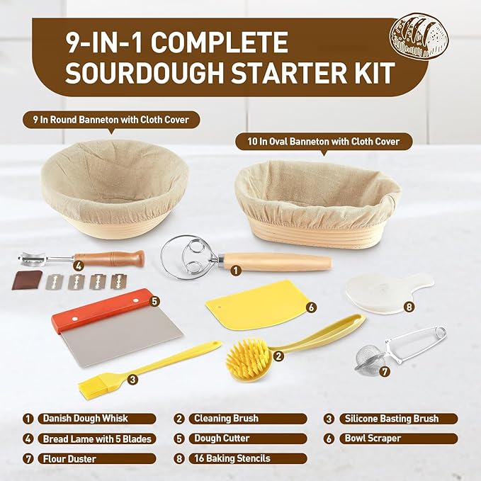 Banneton Bread Proofing Basket, Sourdough Starter Kit with 9" Round & 10" Oval Bread Proofing Basket, Bread Lame, Brushs, Spatula, Scraper, Dough Whisk, Flour Duster & Stencils