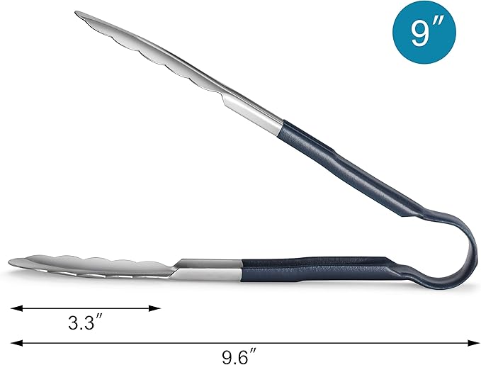 New Star Foodservice 534583 9-Inch Utility Spring Tongs, Stainless Steel, Vinyl Coated, Set of 12, Blue
