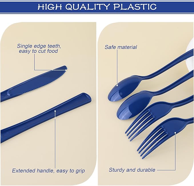 300 Pieces Dark Blue Plastic Silverware Heavy Duty Plastic Cutlery Set Heavyweight Disposable Flatware Includes Spoons Forks Knifes for Birthday Party Prom Night Wedding Dinner