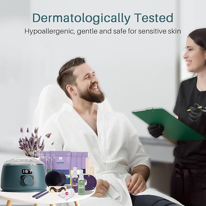 BLITZWAX Back and Nose Waxing Kit for Men, Hard Wax Warmer for Brazilian, Body and Face, At Home Hair Removal Kit, Beginner Friendly, Quick Heating, 93 Accessories, Blue Spruce-BrightBean Baby