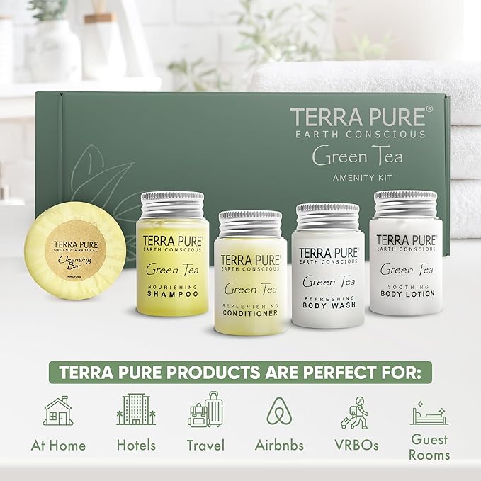 Terra Pure Green Tea Amenity Kit | Boxed Hotel Toiletries | Bulk Set 1oz Travel Size Shampoo, Conditioner, Lotion, Body Wash & Body Bar Soap for Guest Hospitality AirBnB/Vacation Rentals | 1 set/ case-BrightBean Baby