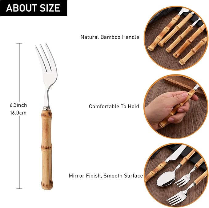 8-Piece Natural Bamboo Small Dessert Forks, 6.3 Inches Stainless Steel with Bamboo Handle, Cake Forks