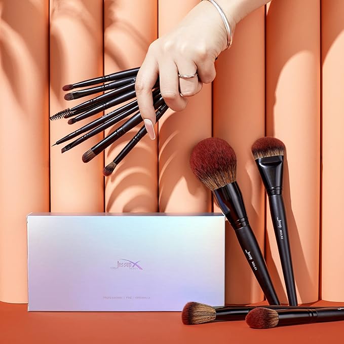 Jessup Full Makeup Brushes Set 13pcs, Professional Vegan Foundation Powder Contour Blush Highlight Eyeshadow Blending Concealer Spoolie EyeLiner Brush, Phantom Black T300-BrightBean Baby