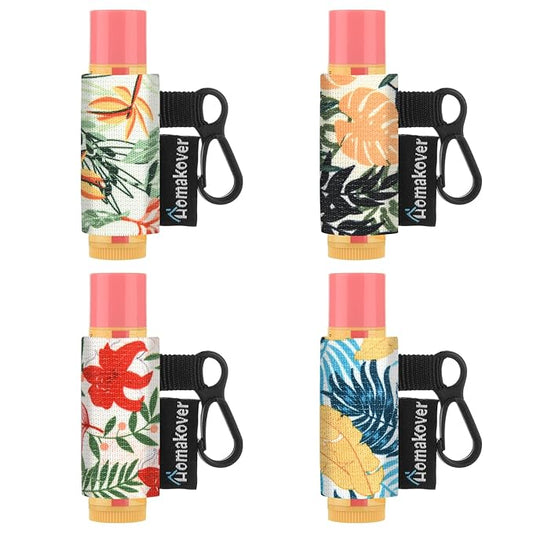 4 Pack Compact Clip-On Chapstick Holder Lip Balm Holder Keychain, Premium Release Clip Elastic Sleeves Lip Gross Holder Keychain Clip On Lipstick Sleeve, Fits Most Standard Lip Balm-BrightBean Baby