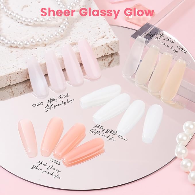 Jelly Gel Nail Polish Kit with U V Light, Hema-Free Milky Jelly White Pink Nude Orange Gel Polish Set with Base & Top Coat Chrome Nail Powder, 4 Colors Mini Salon Nail Art Starter Gift for Women Girl-BrightBean Baby