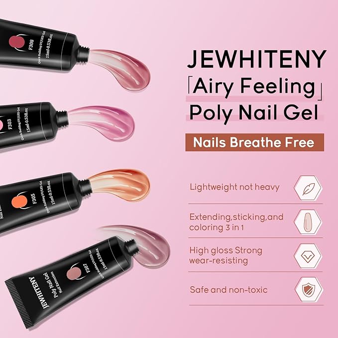 JEWHITENY Poly Extension Gel Nail Kit 14 PCS Poly Gel Kit with Slip Solution and Mini Lamp Nail Art Design Beginner-BrightBean Baby