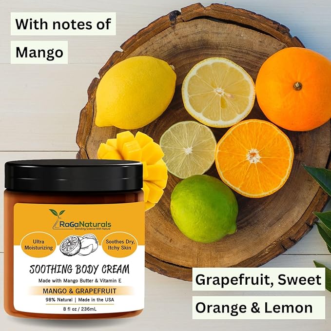 RaGaNaturals Natural Mango Butter Body Cream for Dry Skin for Women, Men - Tropical Plant-Based Hydrating Moisturizer with Avocado Oil and Vitamin E - Non-Greasy, Vegan, Cruelty-Free, Smell Good -8 Oz-BrightBean Baby