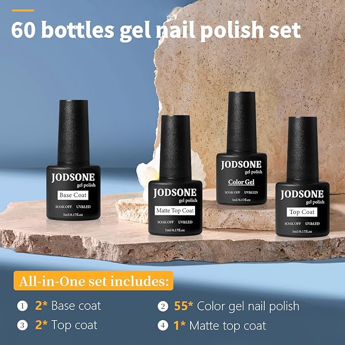 JODSONE 60 PCS Gel Nail Polish Set All Seasons No Wipe Base Coat Matte Glossy Top Coat Nail Gel Polish Kit for Starter Manicure DIY at Home Enjoy Fun-BrightBean Baby