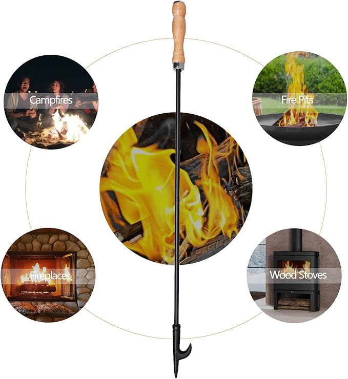 Heavy Duty 32” Long Fireplace Fire Pit Campfire Poker Stick and 26” Fireplace Tongs Tool Sets, Log Grabber, Rust Resistant Black Finish Camping Fireplace Tools for Indoor/Outdoor