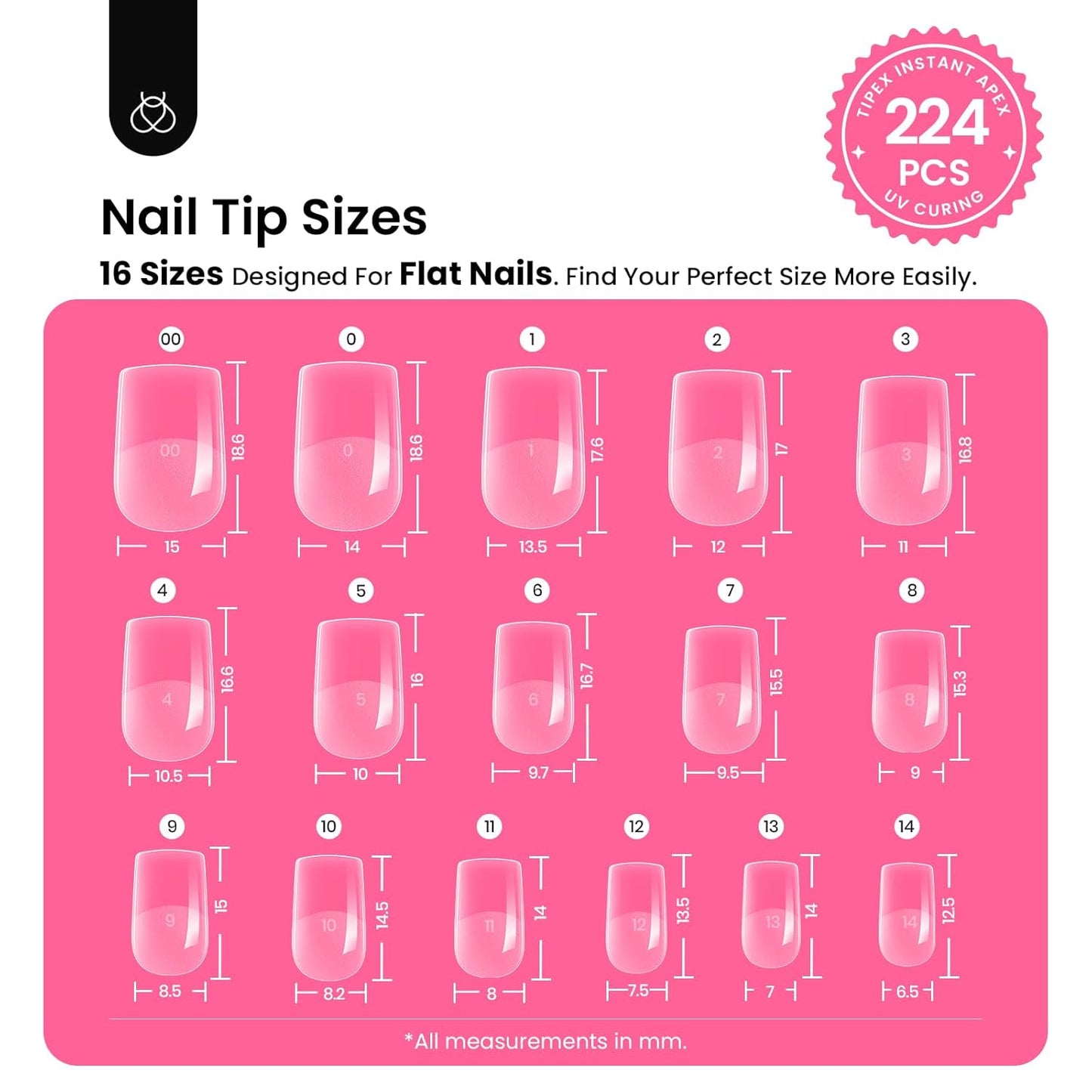 Beetles Tipex Instant Apex Nail Tips Kit, Extra Short Squoval 224Pcs 16 Sizes Pre-Building & Pre-Etched Gel Nail Tips Thicker Acrylic Nails False Nail Extension with Tipex Uv Nail Glue Mini Nail Lamp-BrightBean Baby