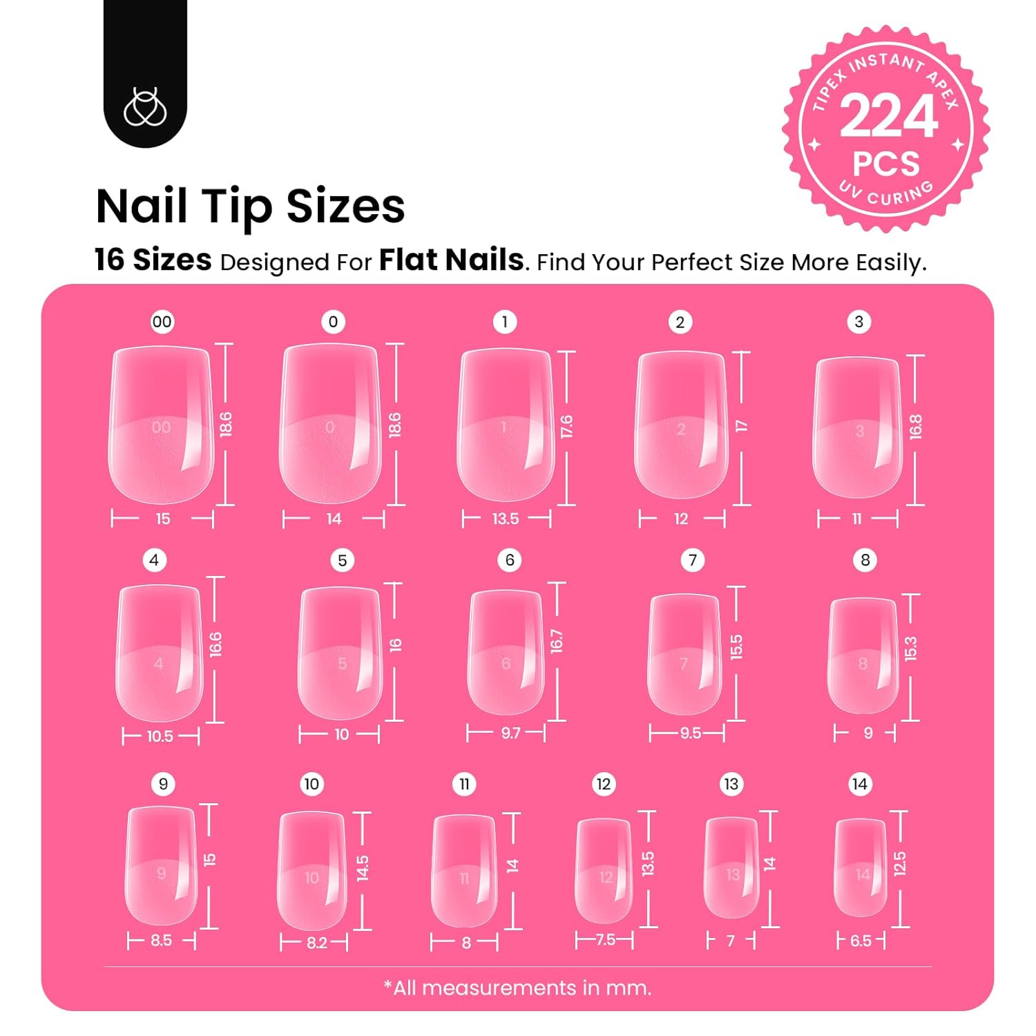 Beetles Tipex Instant Apex Nail Tips Kit, Extra Short Squoval 224Pcs 16 Sizes Pre-Building & Pre-Etched Gel Nail Tips Thicker Acrylic Nails False Nail Extension with Tipex Uv Nail Glue Mini Nail Lamp-BrightBean Baby