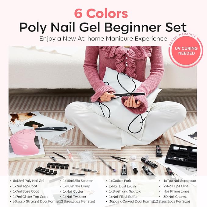Modelones Poly Extension Gel Nail Kit, 6 Colors Pink Nude with 48W U V/LED Lamp Slip Solution 3D Bow Pearl Charms Decoration Rhinestone Glitter Tools for Manicure Beginner Starter Kit DIY at Home-BrightBean Baby