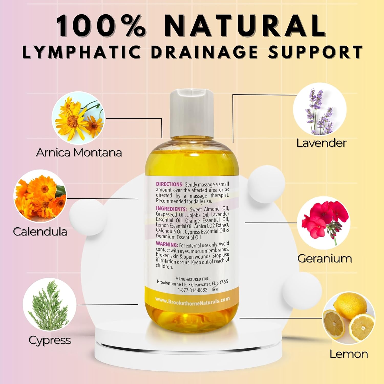 Lymphatic Massage Oil for Massage Therapy & Natural Lymphatic Drainage | Premium Quality with Arnica & Lavender Oil | for Post Surgery Recovery & Detox | 8oz by Brookethorne Naturals-BrightBean Baby