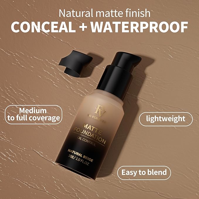 FV Full Coverage Liquid Foundation, Lightweight & Concealing, Long Lasting Matte Foundation Makeup with Flawless Finish, Oil Control Waterproof Foundation for Oily Skin (Natural Beige Matte)-BrightBean Baby
